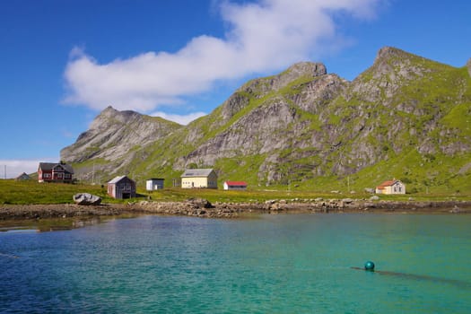 Picturesque village on Lofoten islands in Norway in summer