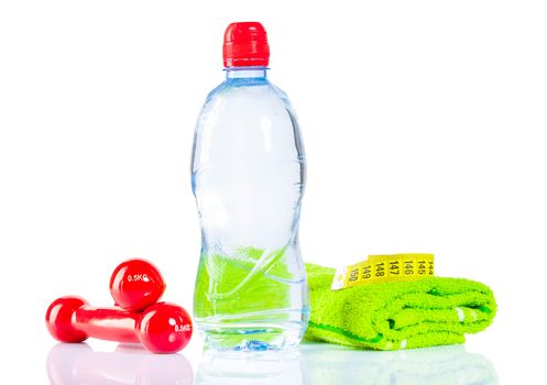 bottles dumbbells towel tape