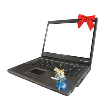 laptop with christmas elements isolated on white background