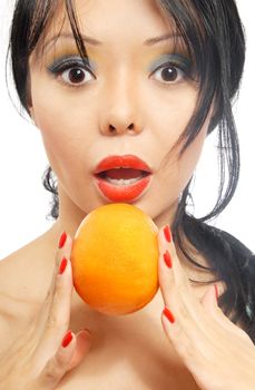 Woman with open mouth holoding an orange