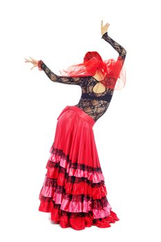 Back view on the dancing woman in flamenco costume 