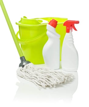 two bottles mop and bucket