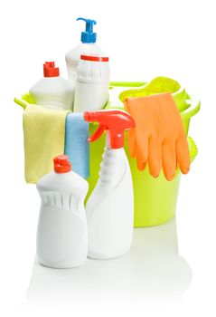 colored cleaning objects in bucket