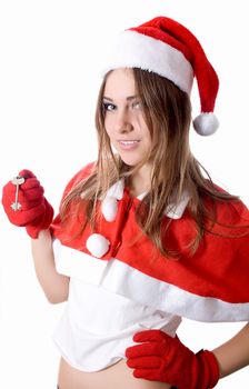 Santa young girl in Christmas hat gives car key isolated on white