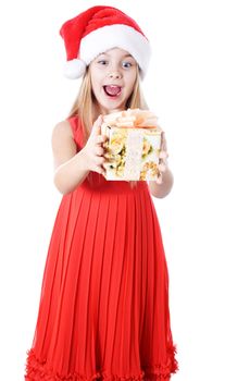 happy girl with gift box over white