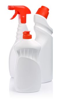three bottles with red elements