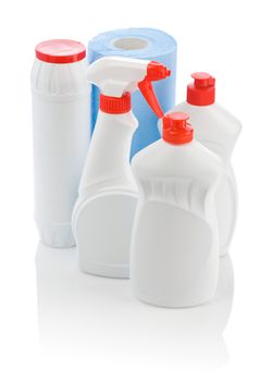 bottles for cleaning and blue towel