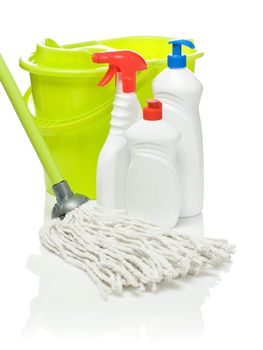 bucket mop and bottles
