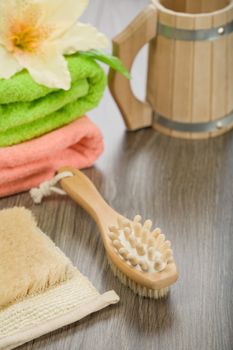 composition for taking bath on wooden background
