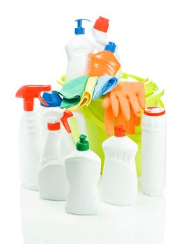big set of cleaners with bucket isolated