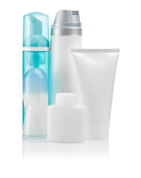 blue and white bottles