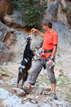 Rock climber feeding a goat at a cliff