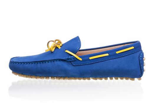 Blue female loafer shoe over white background