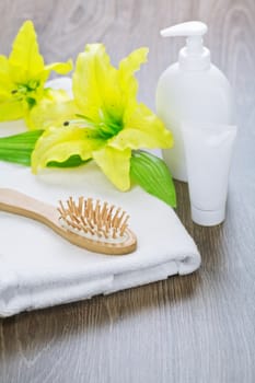 set for bathing on wooden background