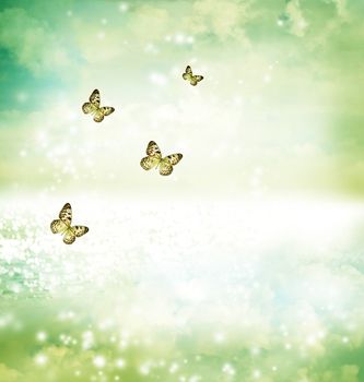 Paper Kite butterflies on a fantasy lake in twilight