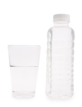 transparent plastical bottle and glass with water isolated