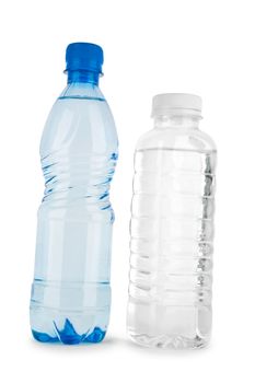 two blue and noncolored bottle with water isolated