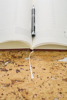 pen and diary on cork wood