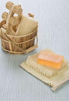 bucket and soap on bast