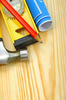 closeup working tools on wooden boards