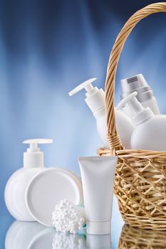 copy space image of white care items on blue background