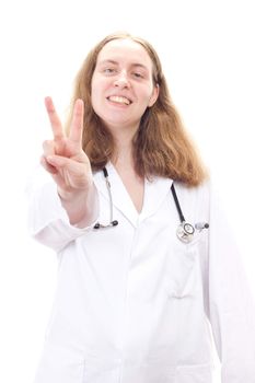 Young female medical doctor showing v sign