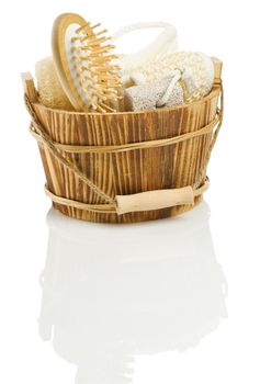 Sauna accessory in a wooden bucket