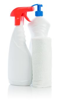 white cleaners and cotton towel isolated