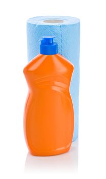 orange cleaner bottle with blue paper towel