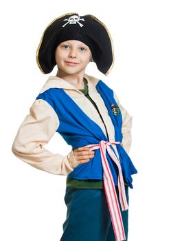 Portrait of a cute young boy dressed as a pirate, Isolated on white.