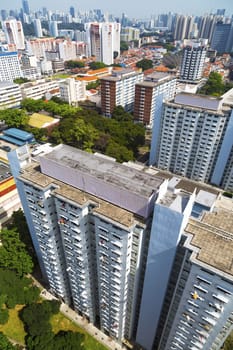 High angle dynamic view of an old crowded residential district in Singapore.
