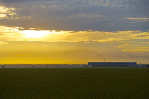 A long short of a factory during sunrise.