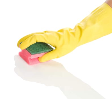 hand in yellow glove with pink sponge