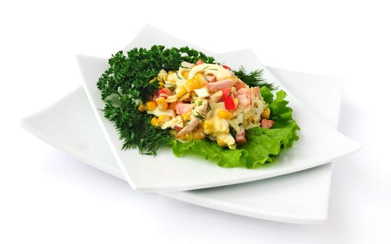 a salad of corn, Chinese cabbage, egg, ham, peppers and mayonnaise