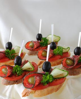 Sandwiches (canapés) of salami with olives on a plate