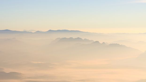 Sunrise on Doi Luang Chiang Dao. In the Chiang Dao Wildlife Sanctuary in Chiang Mai, Thailand .The highest peak an inverted cone of high limestone mountains, 2195 meters above sea level.