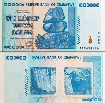 A One Hundred Trillion Dollar note or bill from Zimbawe symbolizing hyper inflation.