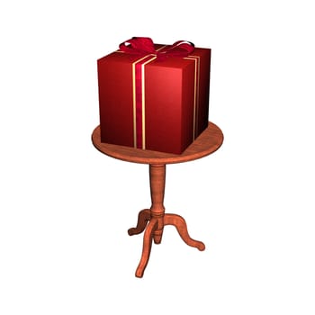 3D digital render of a red gift with a beautiful ribbon standing on the table isolated on white background