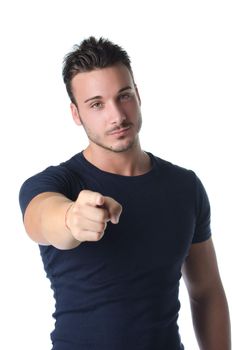Handsome young man gesturing with his hand, pointing finger at you, isolated on white