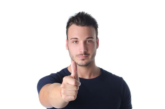 Attractive young man with thumb up doing OK sign, isolated on white background