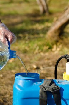 Filling a pesticide sprayer against the background of a citrus orchard