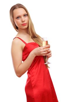 Beautiful young blond woman in red dress