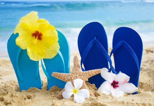 Flip flops and starfish with tropical flowers on sandy beach in Hawaii