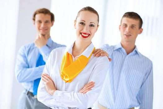 young successful business woman receiving congratulations from his colleagues