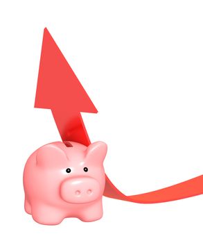 Piggy bank and red arrow. Isolated over white