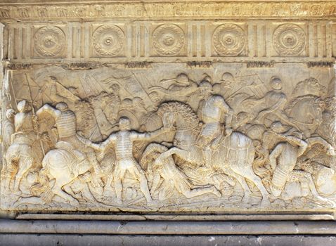 Sculptural battle scene from a stone, Alhambra, Spain