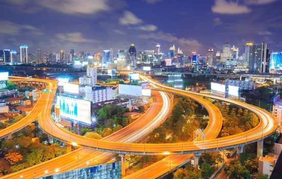 Bangkok Highway at Dusk with skyline in Thailand