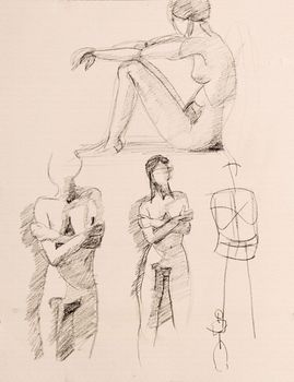 Four sketches of a nude female figure made of charcoal on textured paper.