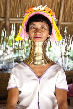 MAE HONG SON - JUL 11: Long Neck woman in traditional costumes, July 11, 2012 in Mae Hong Song, Thailand. Women put brass rings on their neck when they are 5 or 6 years old.
