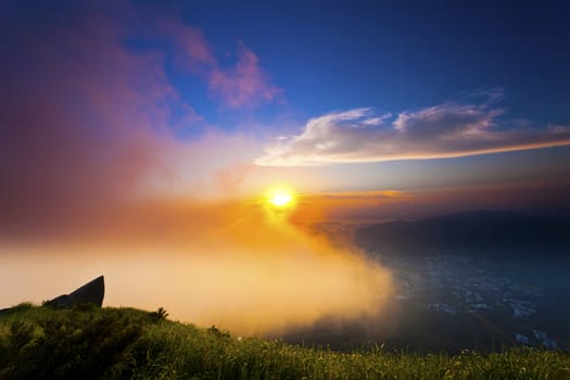 Hong Kong mountain sunset with clouds moving